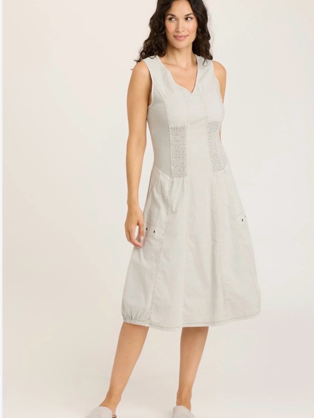 Wearables by XCVI Gibbon Sleeveless olive green V-Neck Midi Dress with Pockets